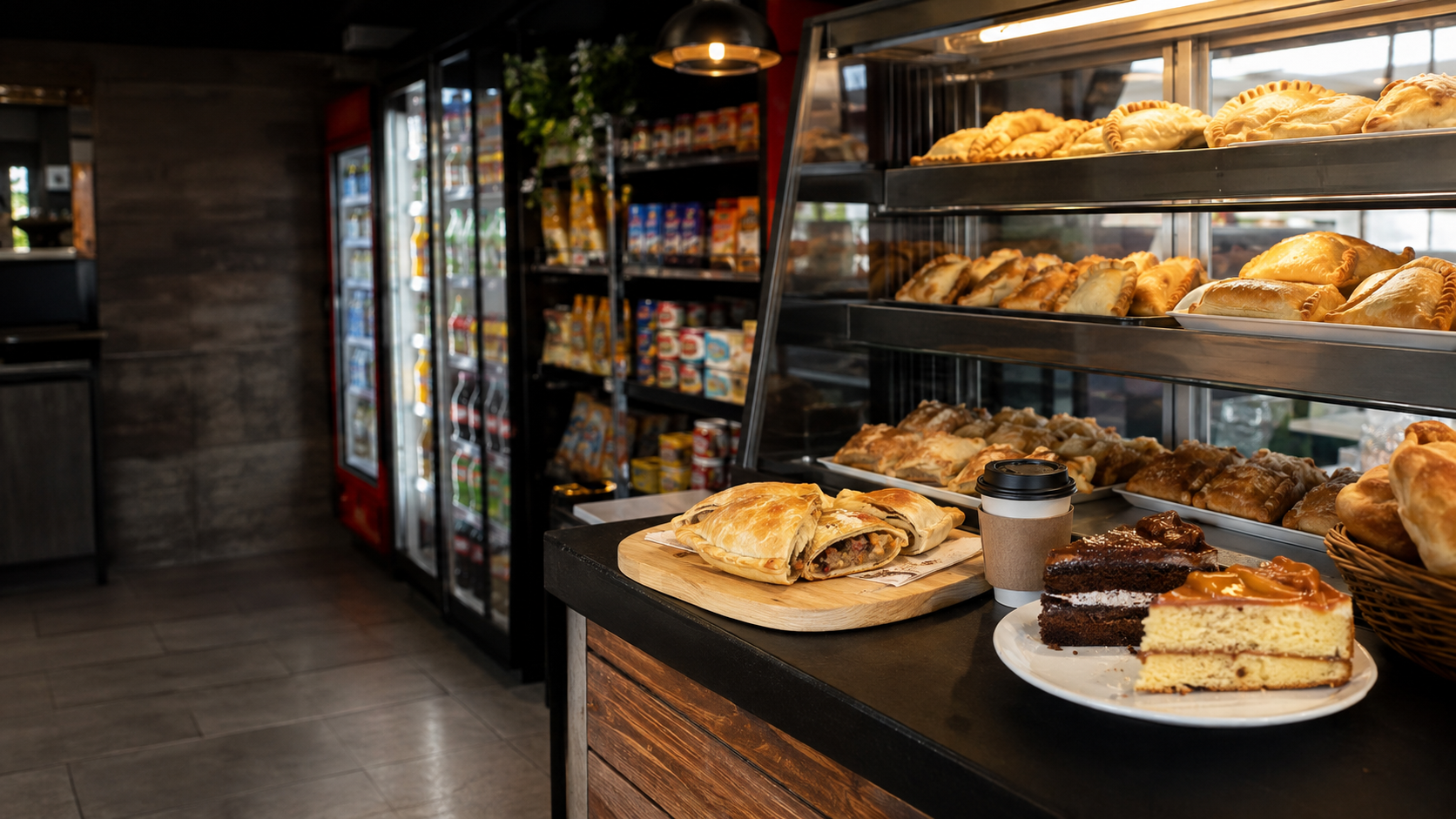 Empanadas, pasteles y café en un minimarket moderno